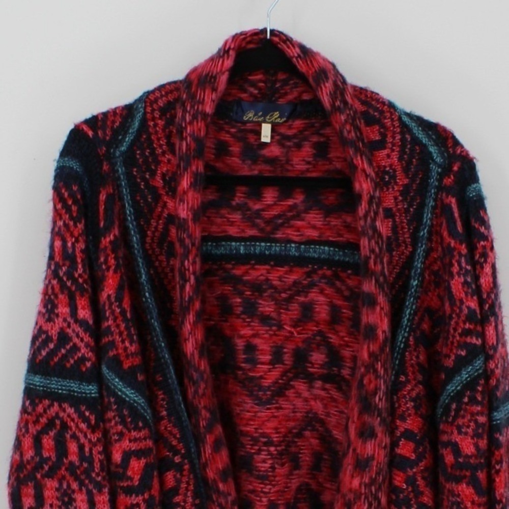 Blue Rain $68 Sm/Medium Red Blue Aztec Pattern Open Front Draped Knit Cardigan - Picture 4 of 10